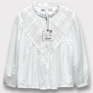 NWT Zara Girls White Lace Yoke Blouse Size 8 Long Sleeve Swiss Dot Cotton Top